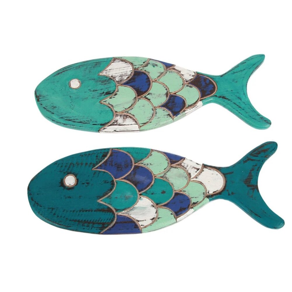SET OF 2 - BLUE AND TEAL WOOD FISH WALL DECOR